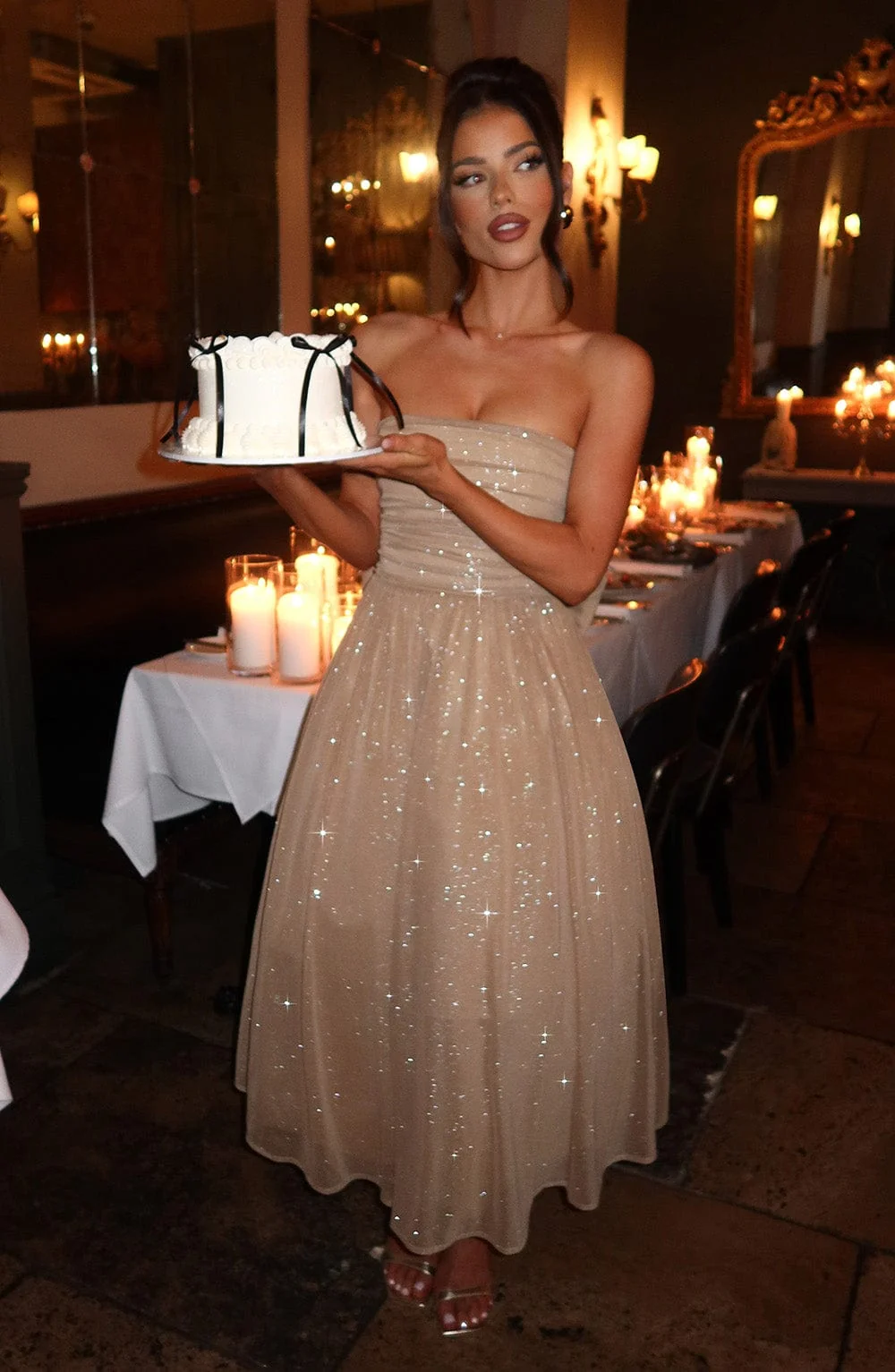 Gold Sparkle Strapless Midi Dress with Self Tie Bow Detail