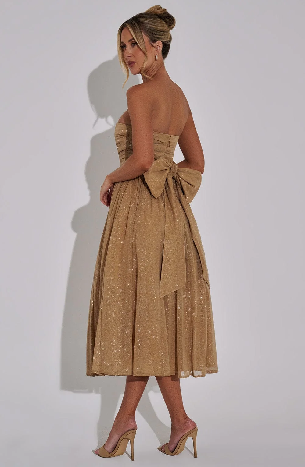 Gold Sparkle Strapless Midi Dress with Self Tie Bow Detail