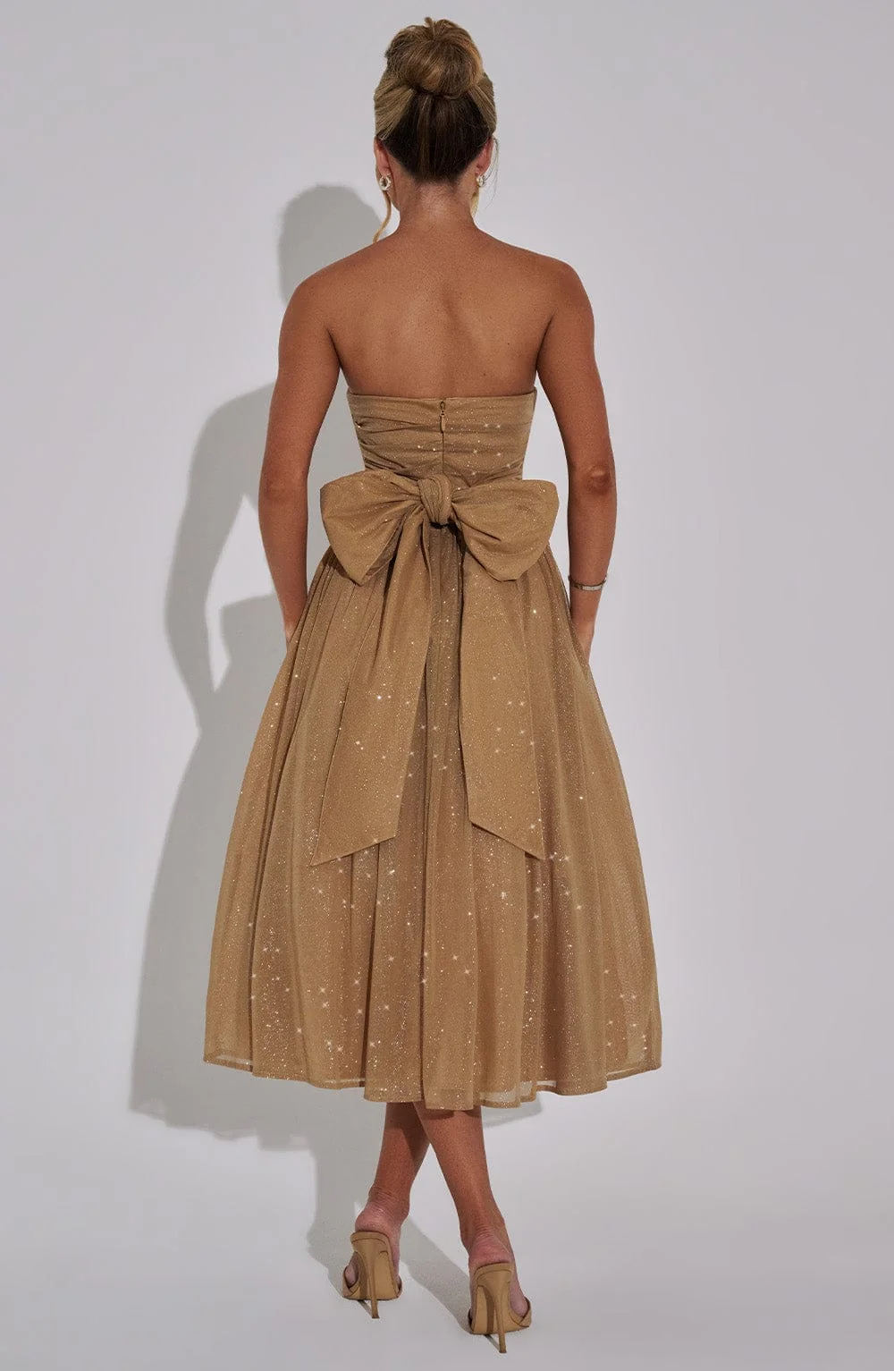 Gold Sparkle Strapless Midi Dress with Self Tie Bow Detail