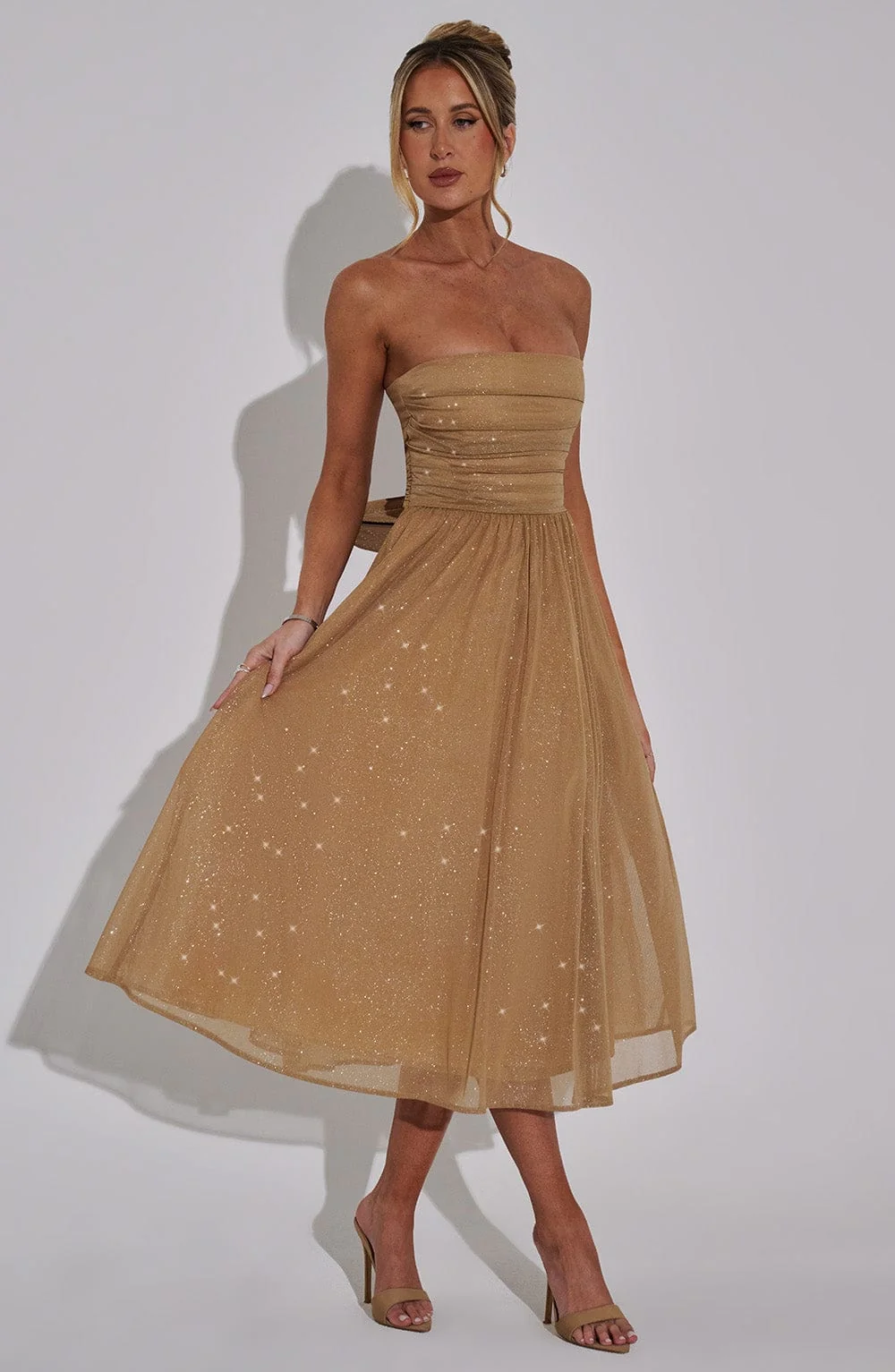 Gold Sparkle Strapless Midi Dress with Self Tie Bow Detail