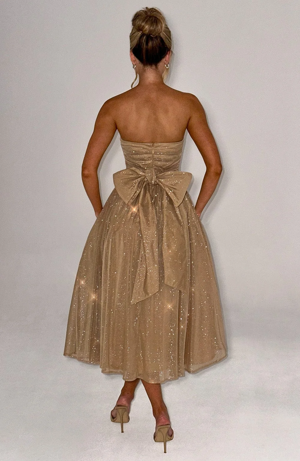 Gold Sparkle Strapless Midi Dress with Self Tie Bow Detail