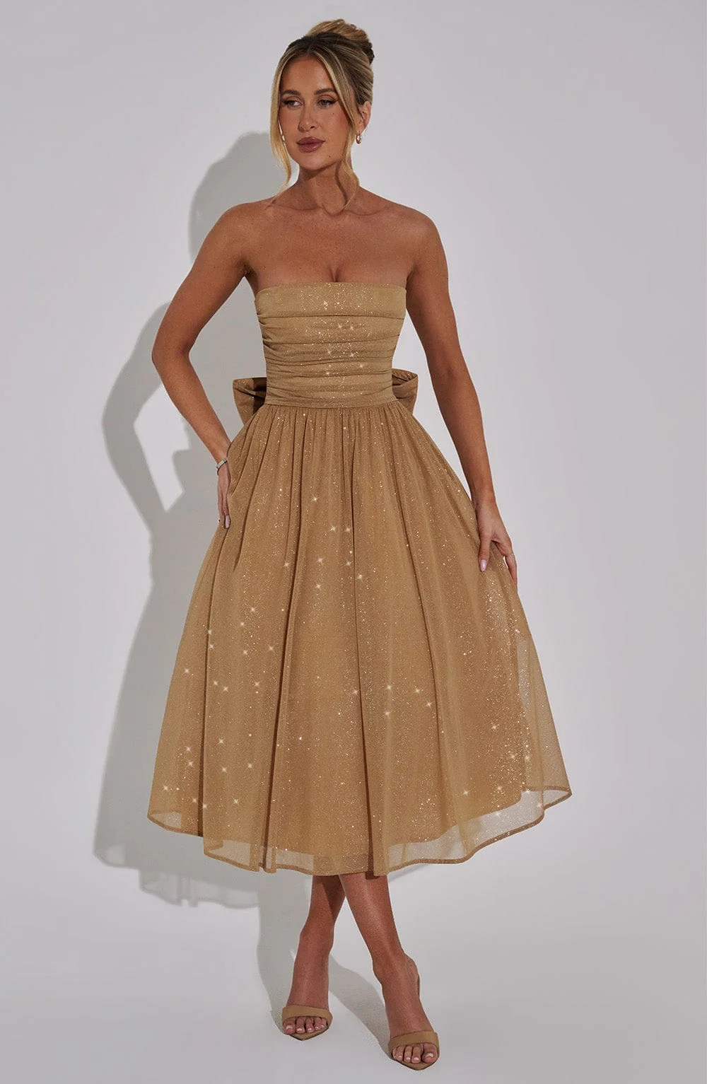 Gold Sparkle Strapless Midi Dress with Self Tie Bow Detail
