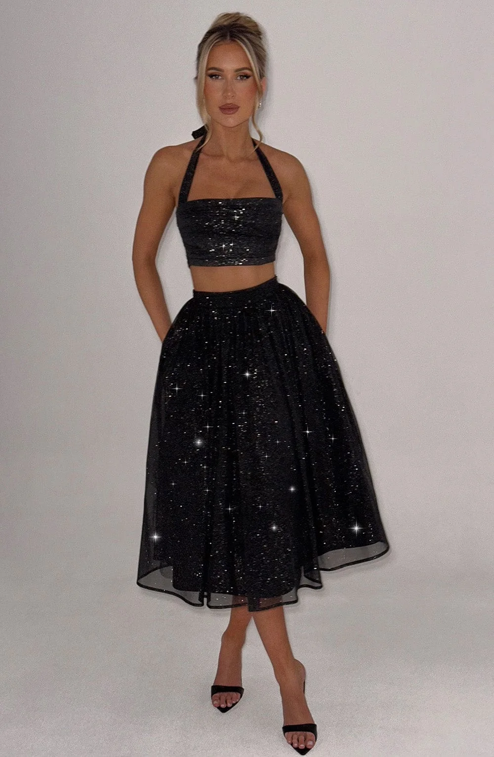 Black Sparkle Mesh Halter Neck Crop Top