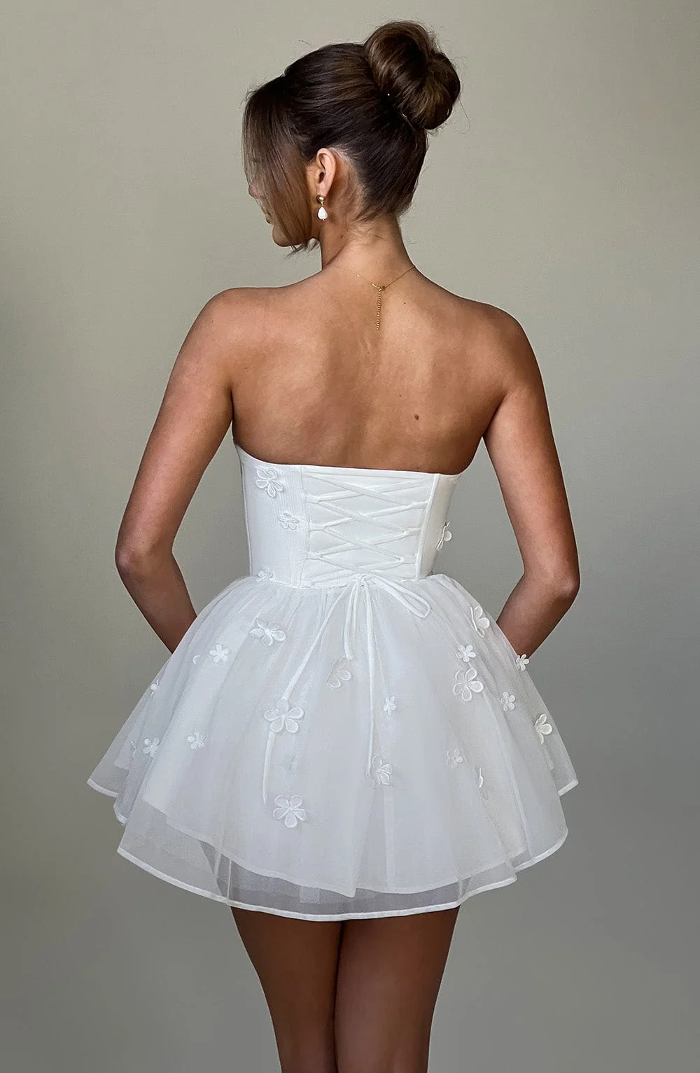 Ivory Strapless Mesh Playsuit with Floral Appliques