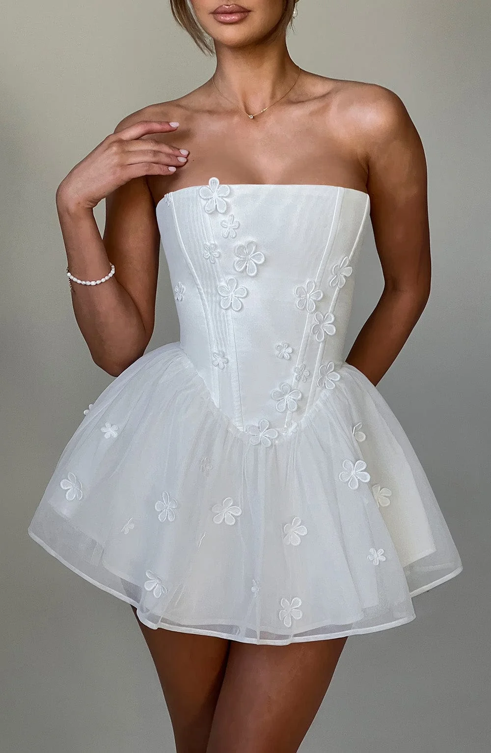 Ivory Strapless Mesh Playsuit with Floral Appliques