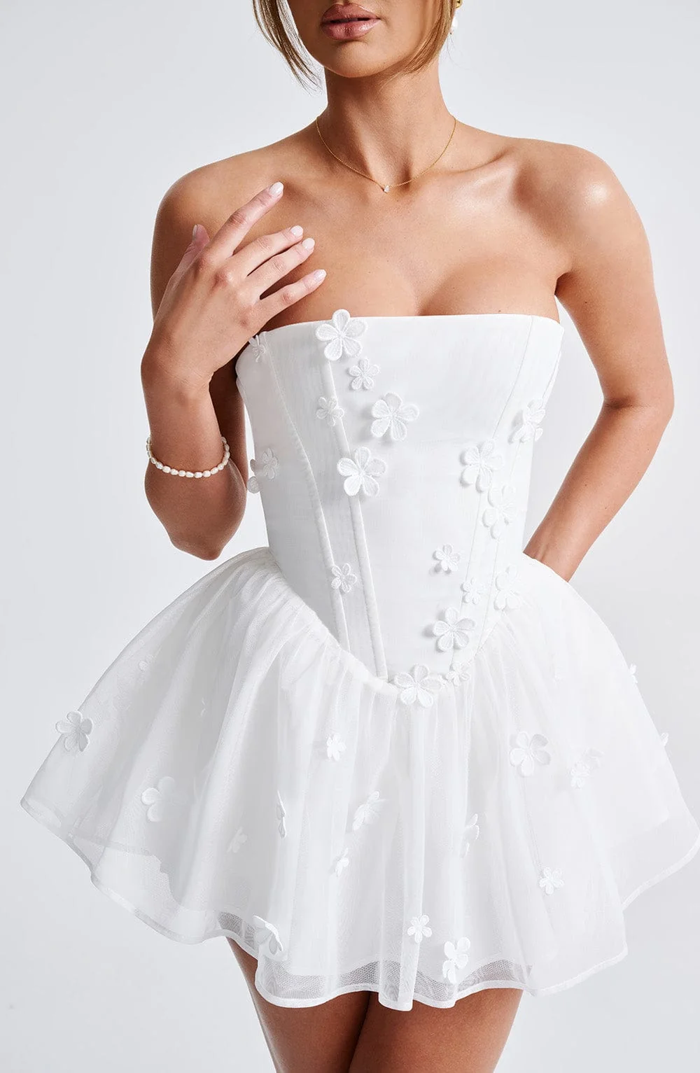 Ivory Strapless Mesh Playsuit with Floral Appliques