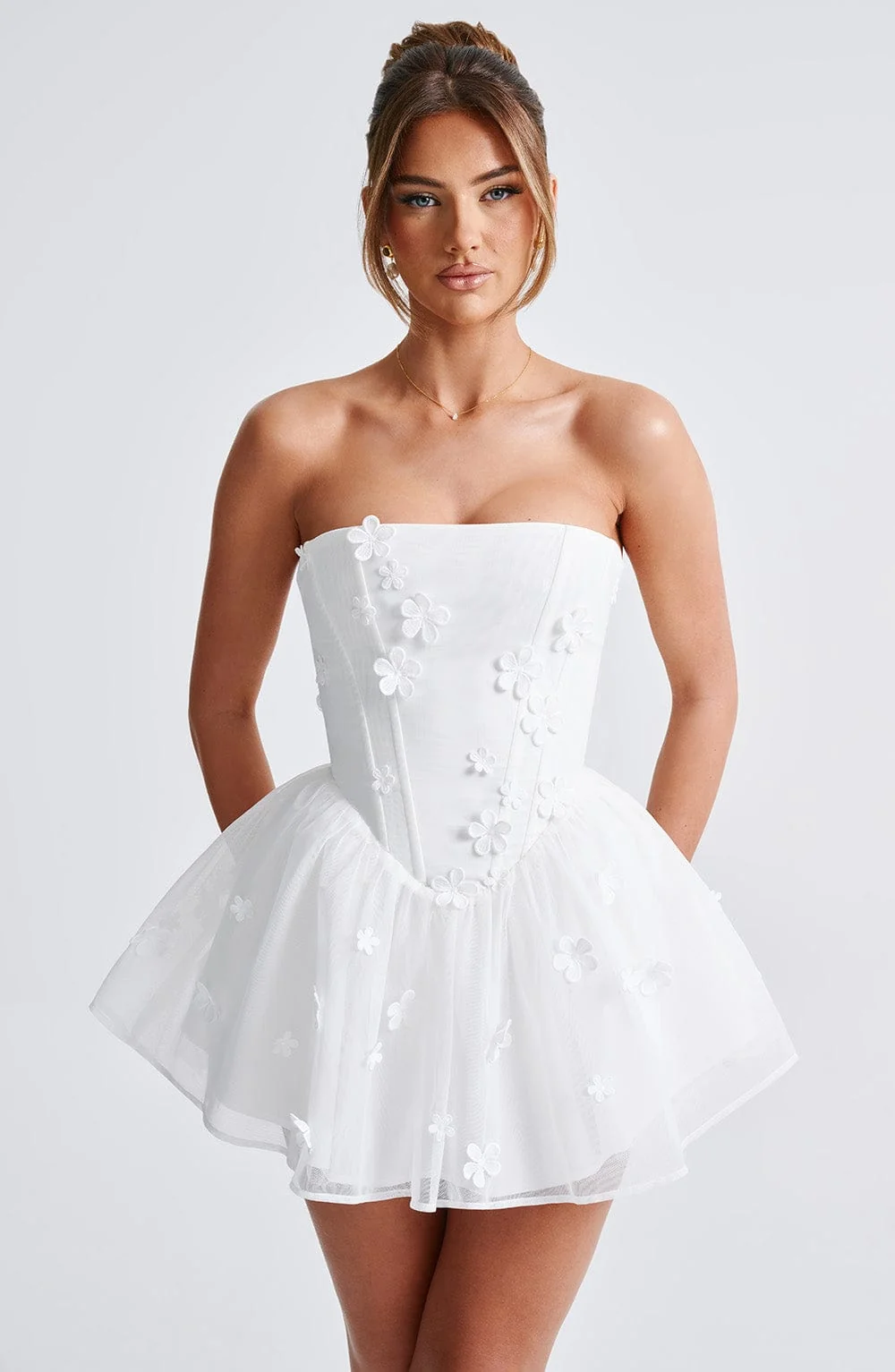 Ivory Strapless Mesh Playsuit with Floral Appliques