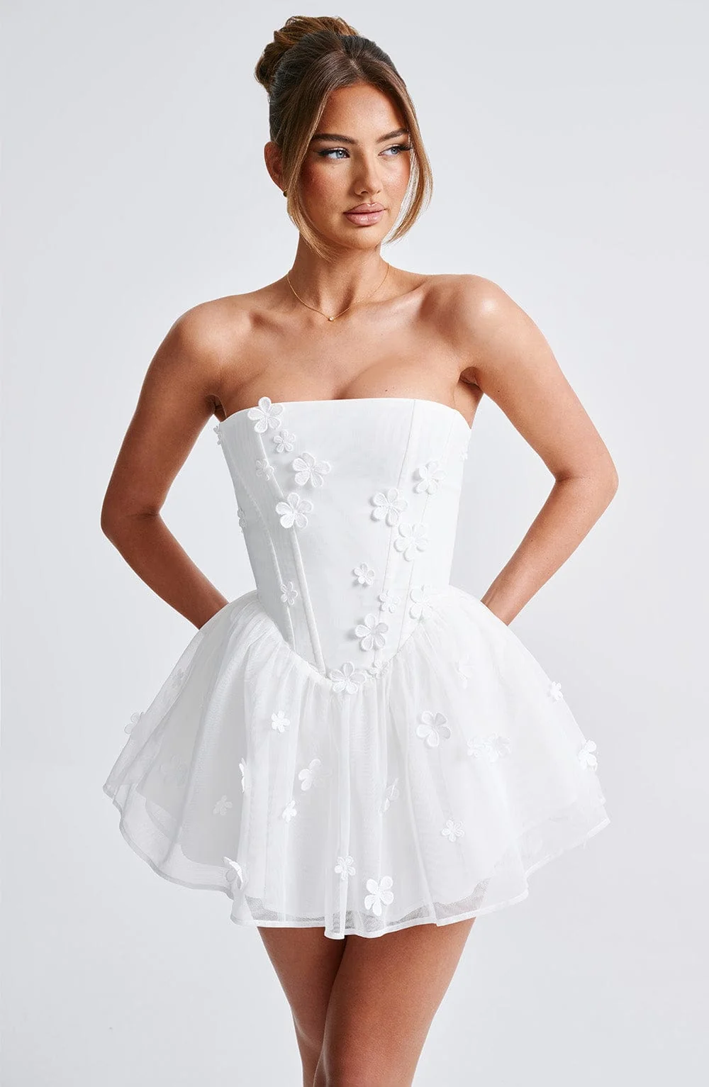 Ivory Strapless Mesh Playsuit with Floral Appliques