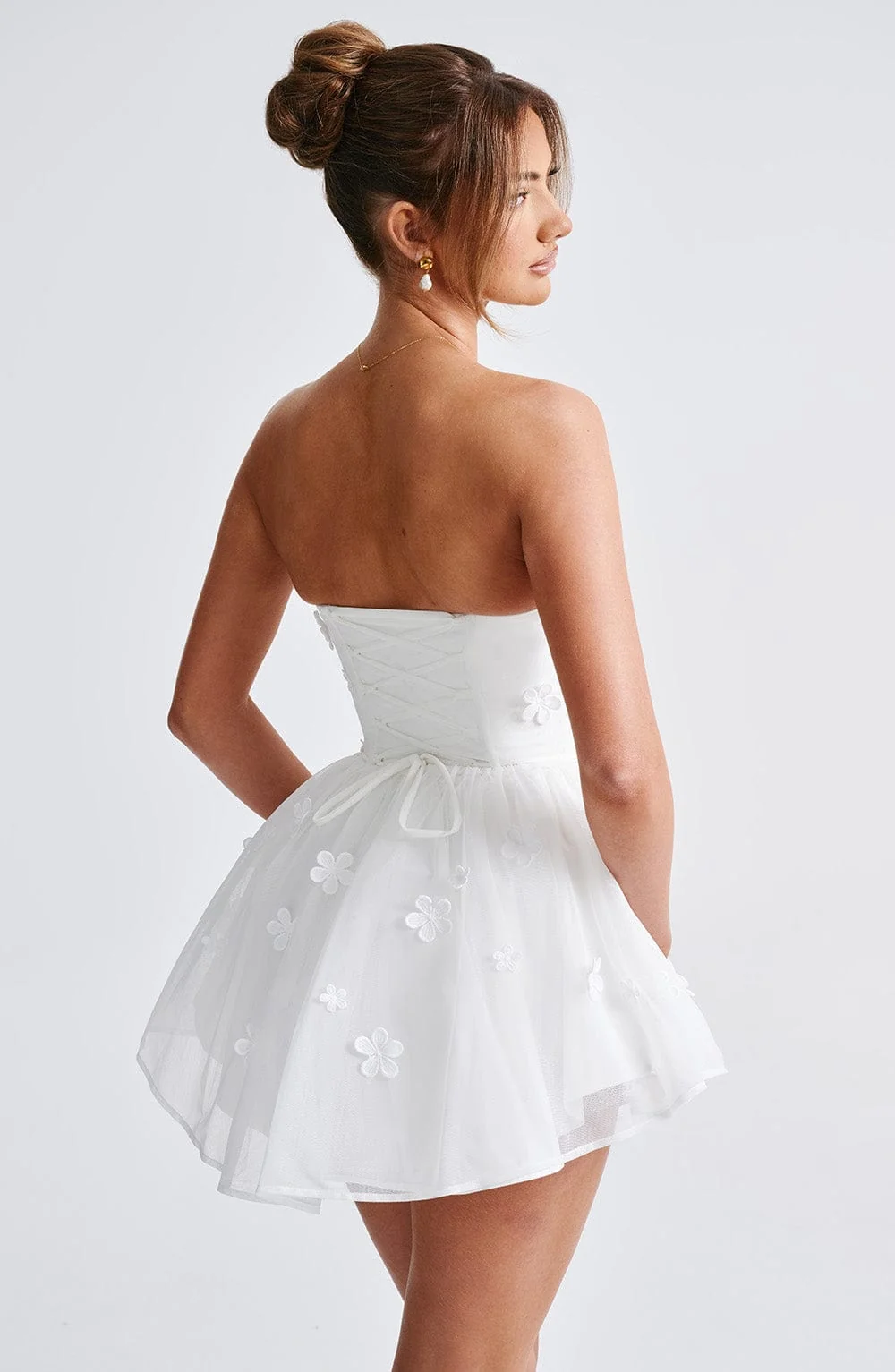 Ivory Strapless Mesh Playsuit with Floral Appliques