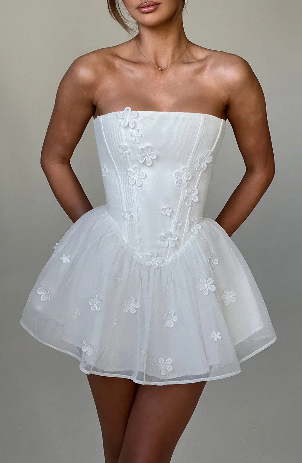 Ivory Strapless Mesh Playsuit with Floral Appliques