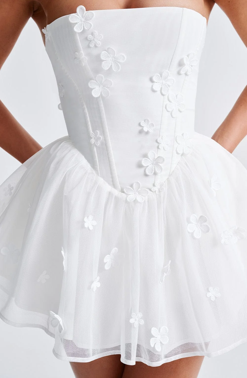 Ivory Strapless Mesh Playsuit with Floral Appliques