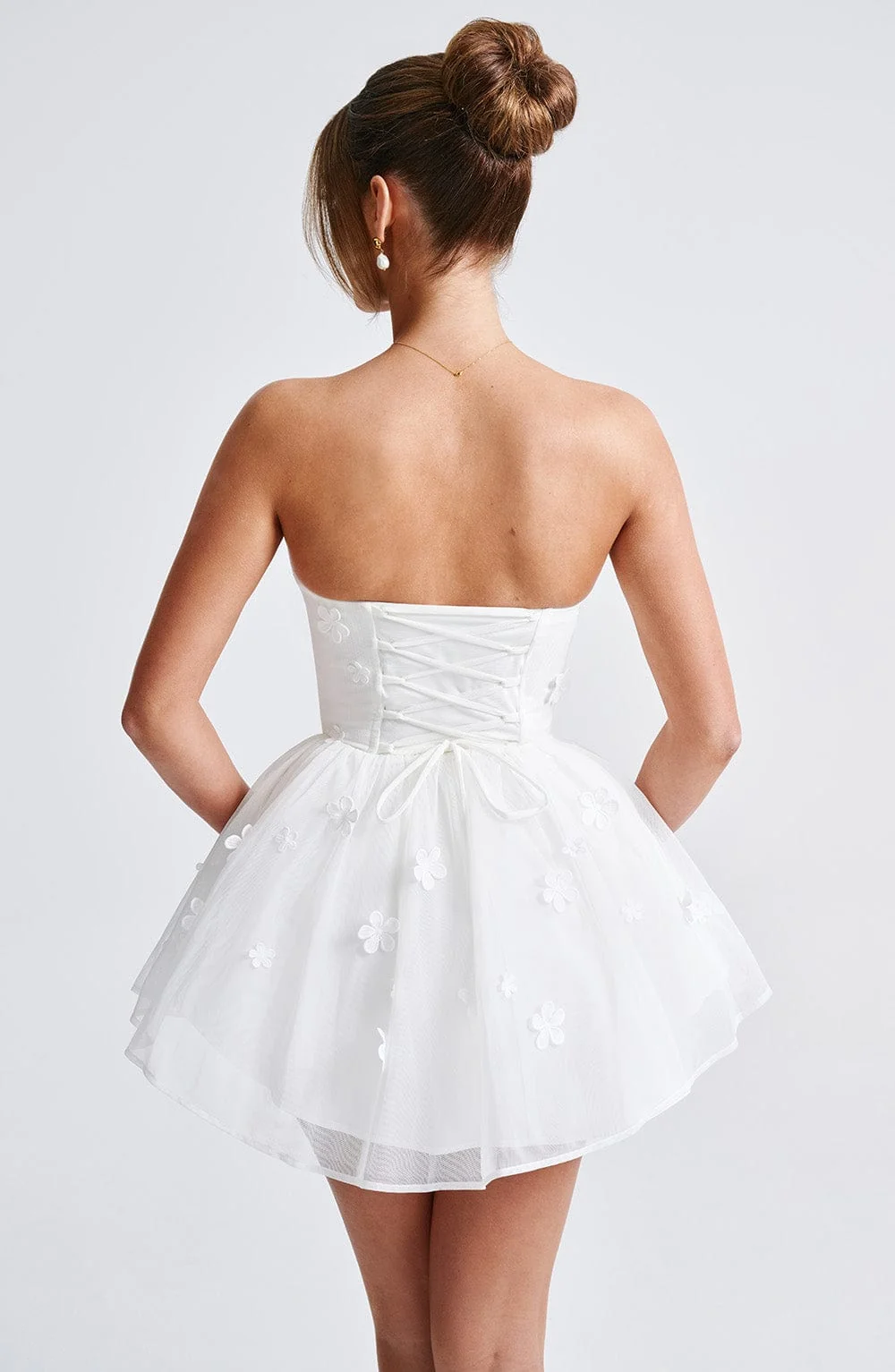 Ivory Strapless Mesh Playsuit with Floral Appliques