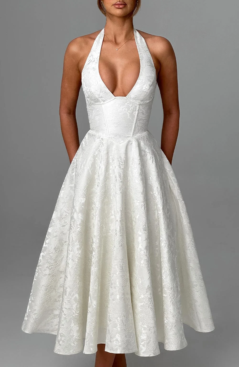 Elegant Ivory Floral Jacquard Halter Neck Midi Dress