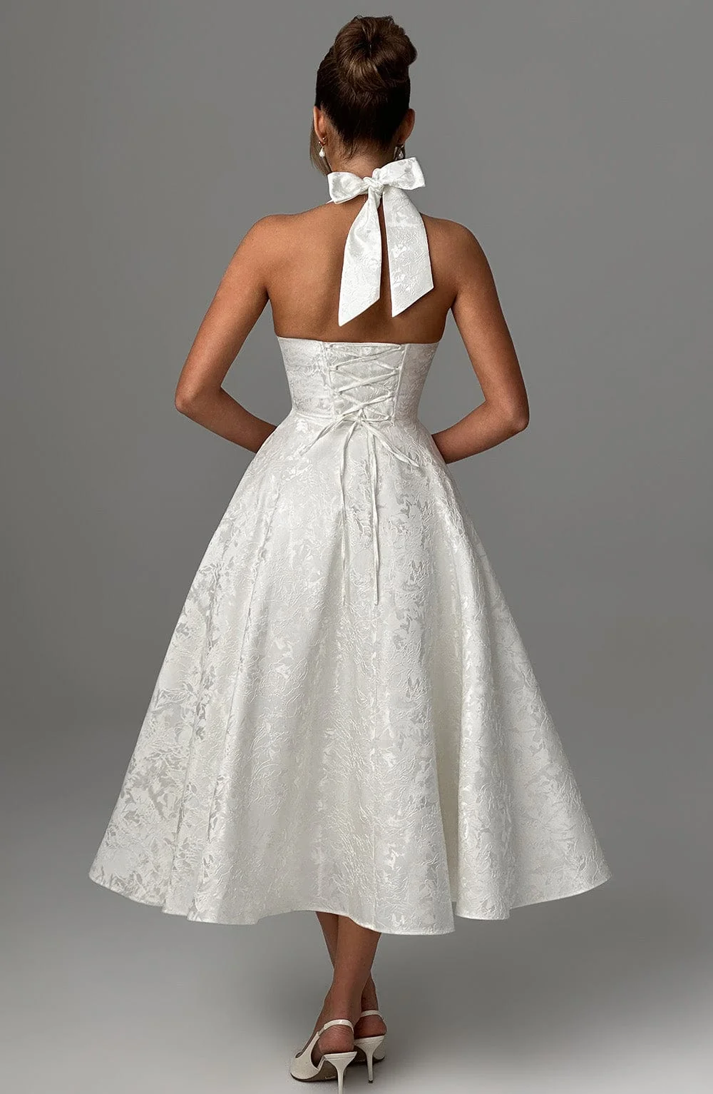 Elegant Ivory Floral Jacquard Halter Neck Midi Dress