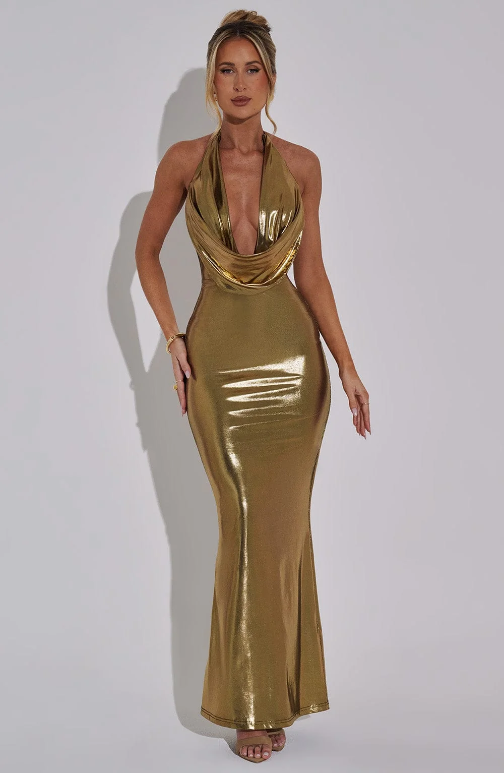 Gold Draped Mesh Maxi Dress - Elegant Halter Neck Tie