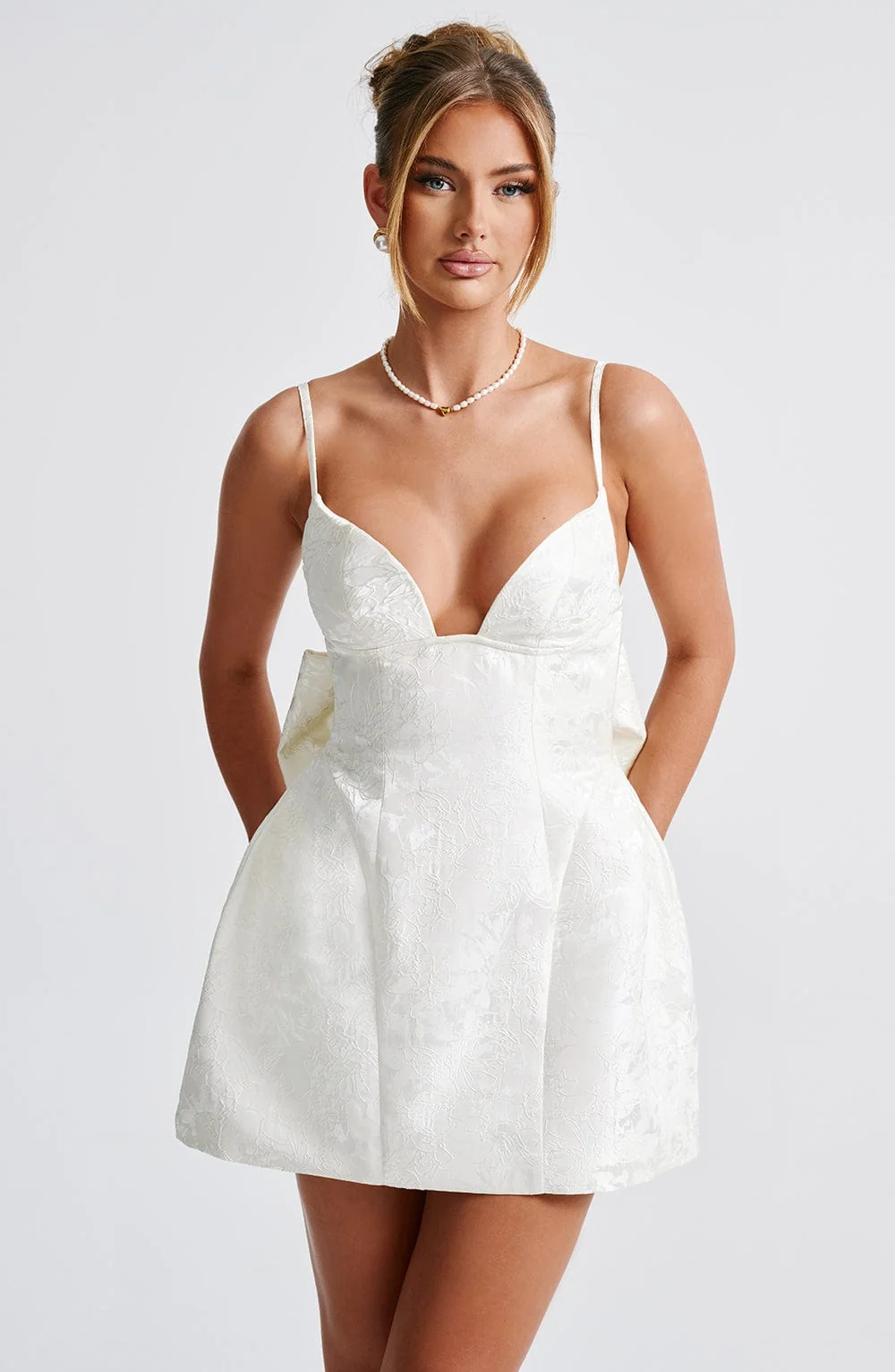 Ivory Floral Jacquard Mini Dress with Detachable Bow - Womens Fashion