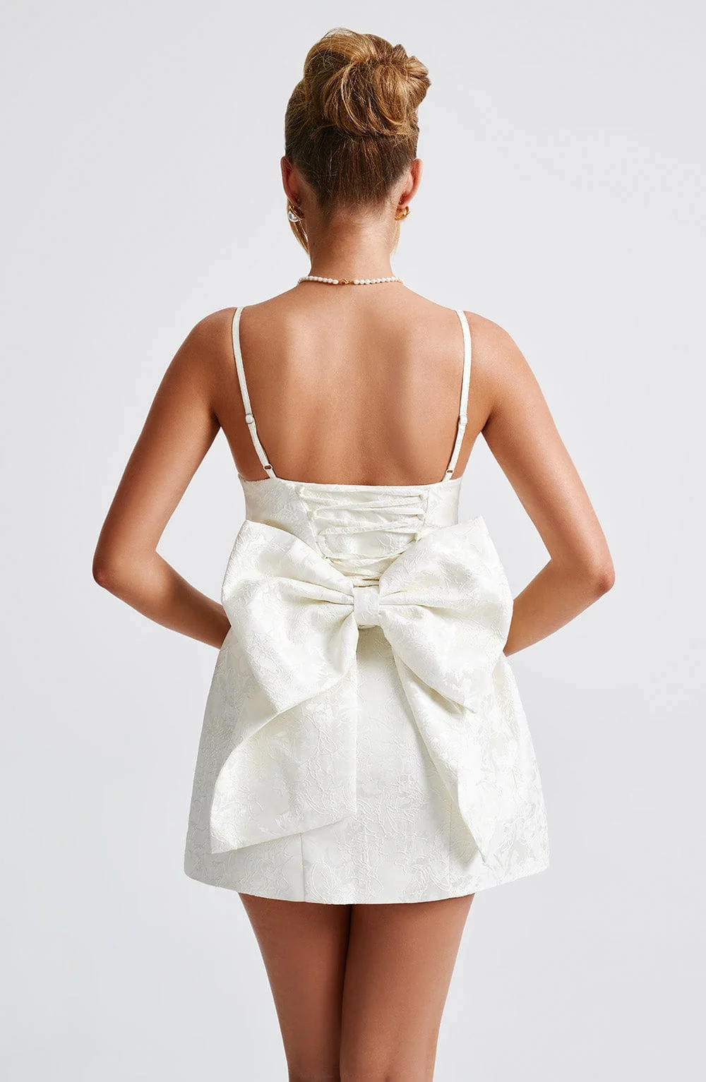 Ivory Floral Jacquard Mini Dress with Detachable Bow - Womens Fashion