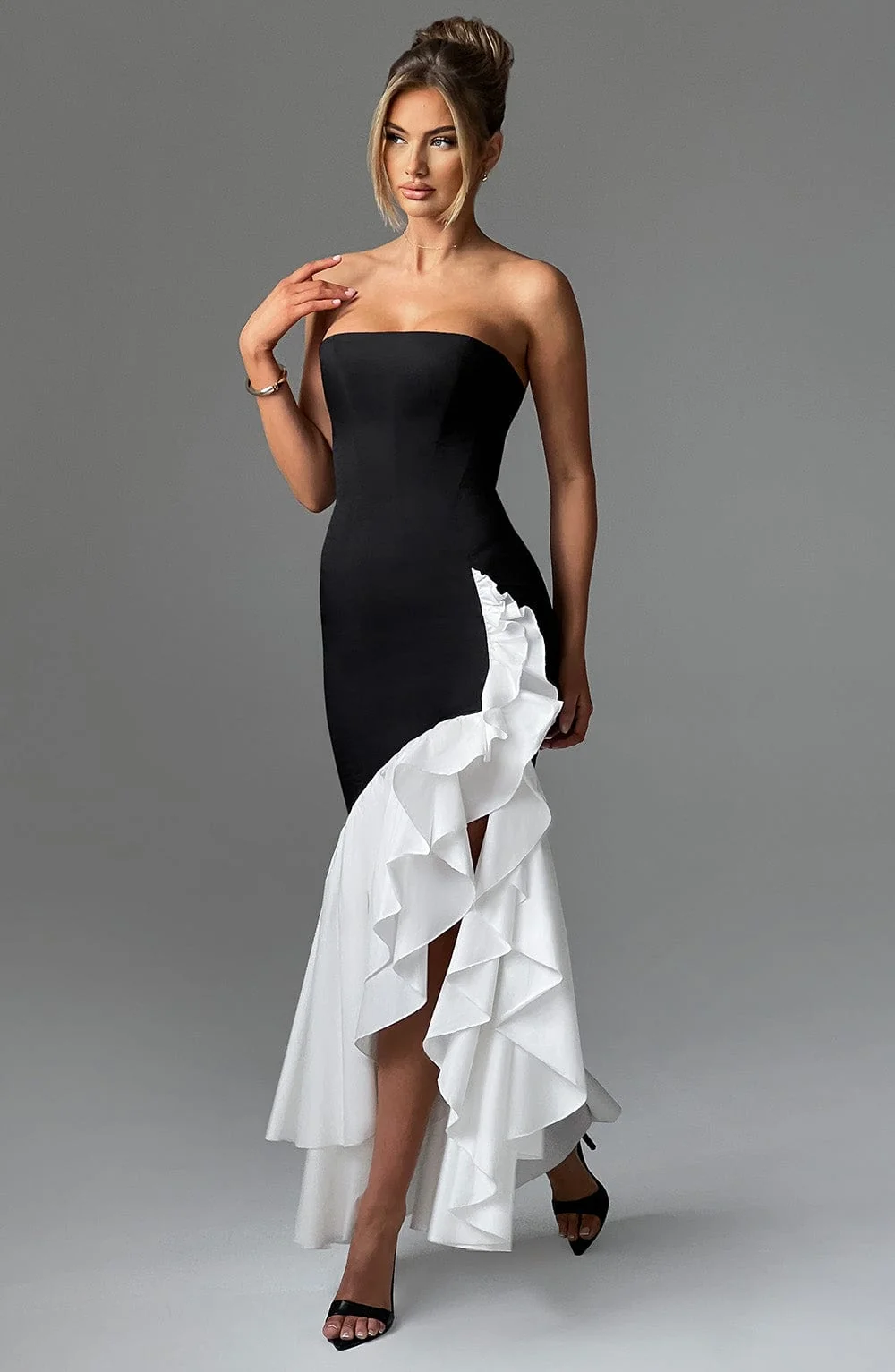 Black/White Strapless Maxi Dress in Luxury Cotton Blend - XS-XXL