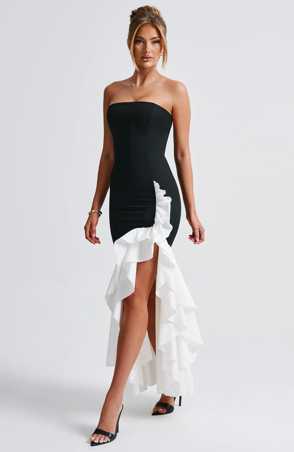 Black/White Strapless Maxi Dress in Luxury Cotton Blend - XS-XXL