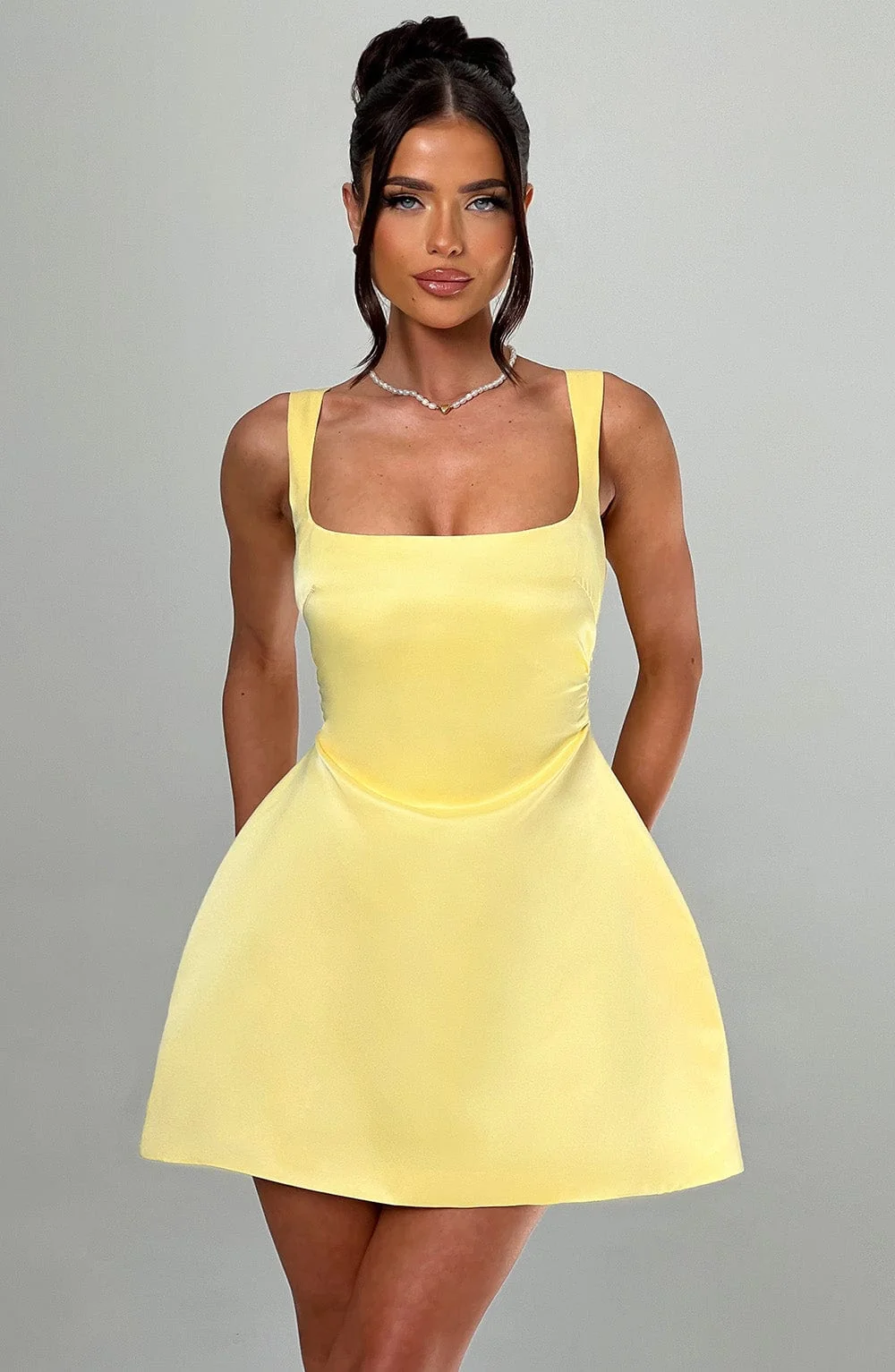 Lemon Square Neck Mini Dress in Premium Satin Fabric