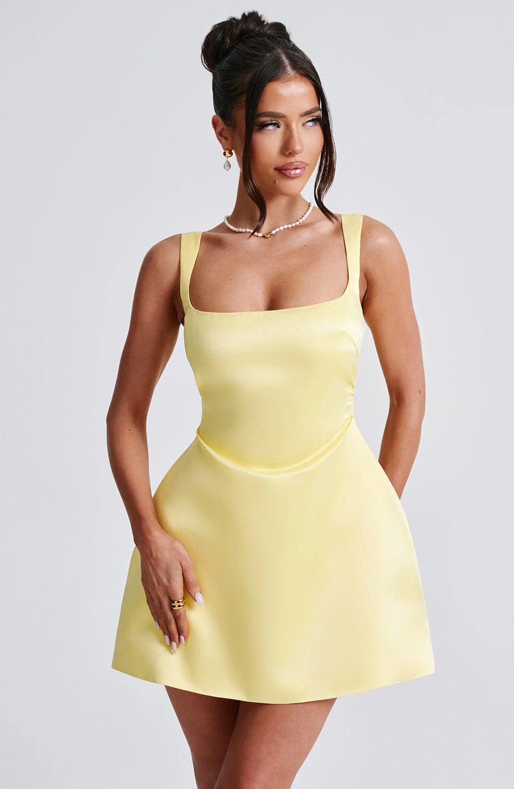 Lemon Square Neck Mini Dress in Premium Satin Fabric