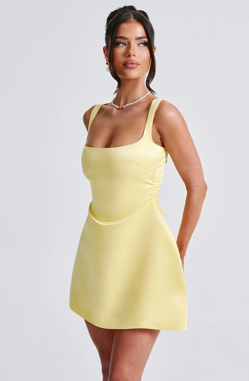 Lemon Square Neck Mini Dress in Premium Satin Fabric