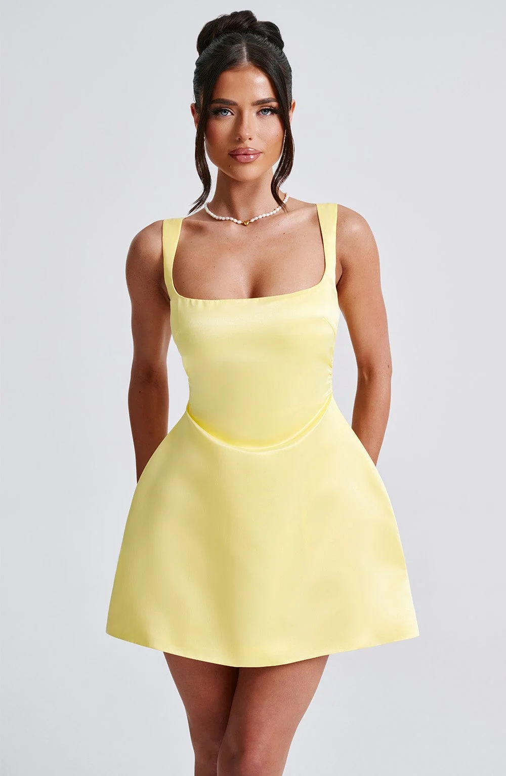 Lemon Square Neck Mini Dress in Premium Satin Fabric