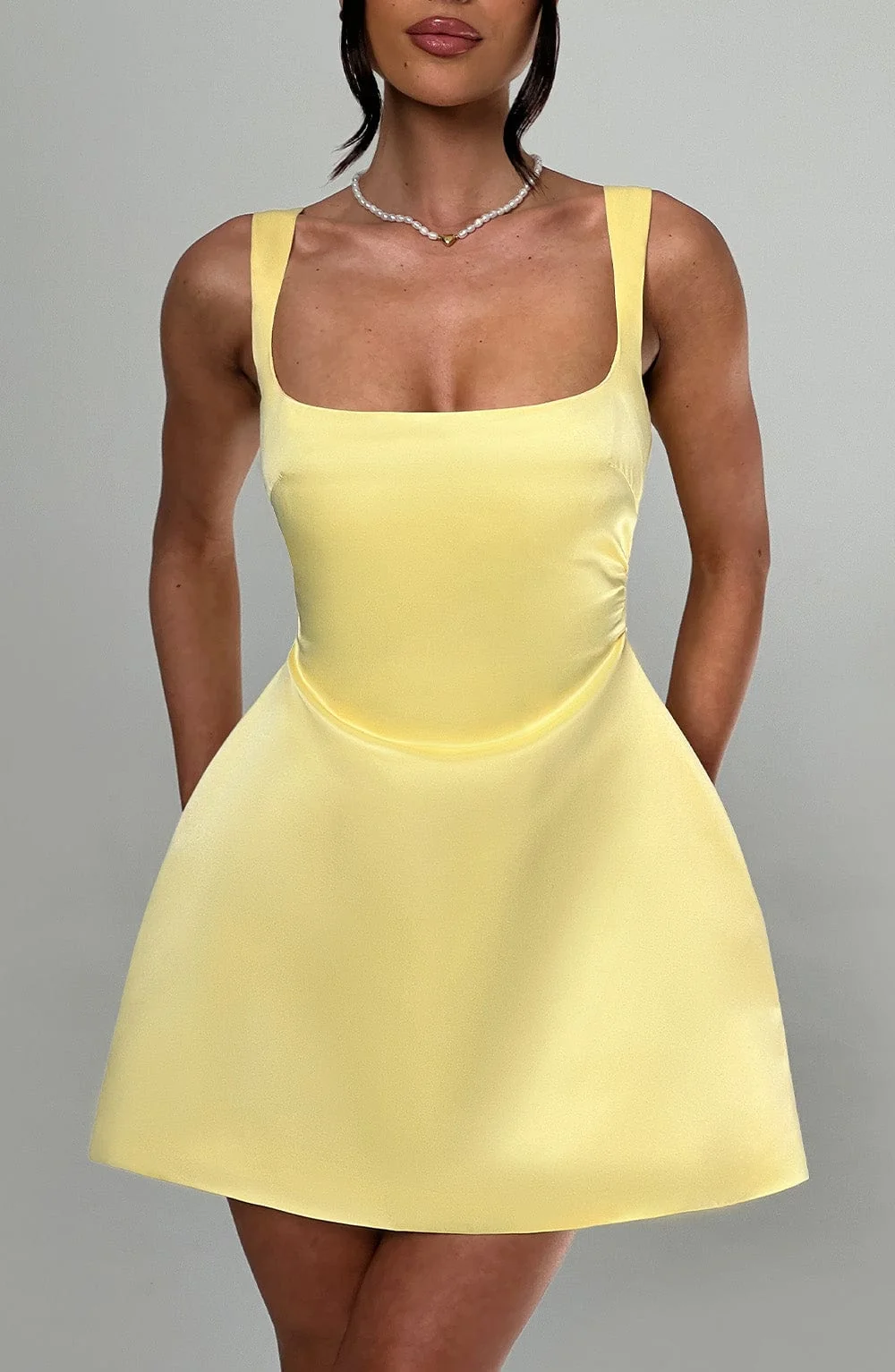 Lemon Square Neck Mini Dress in Premium Satin Fabric