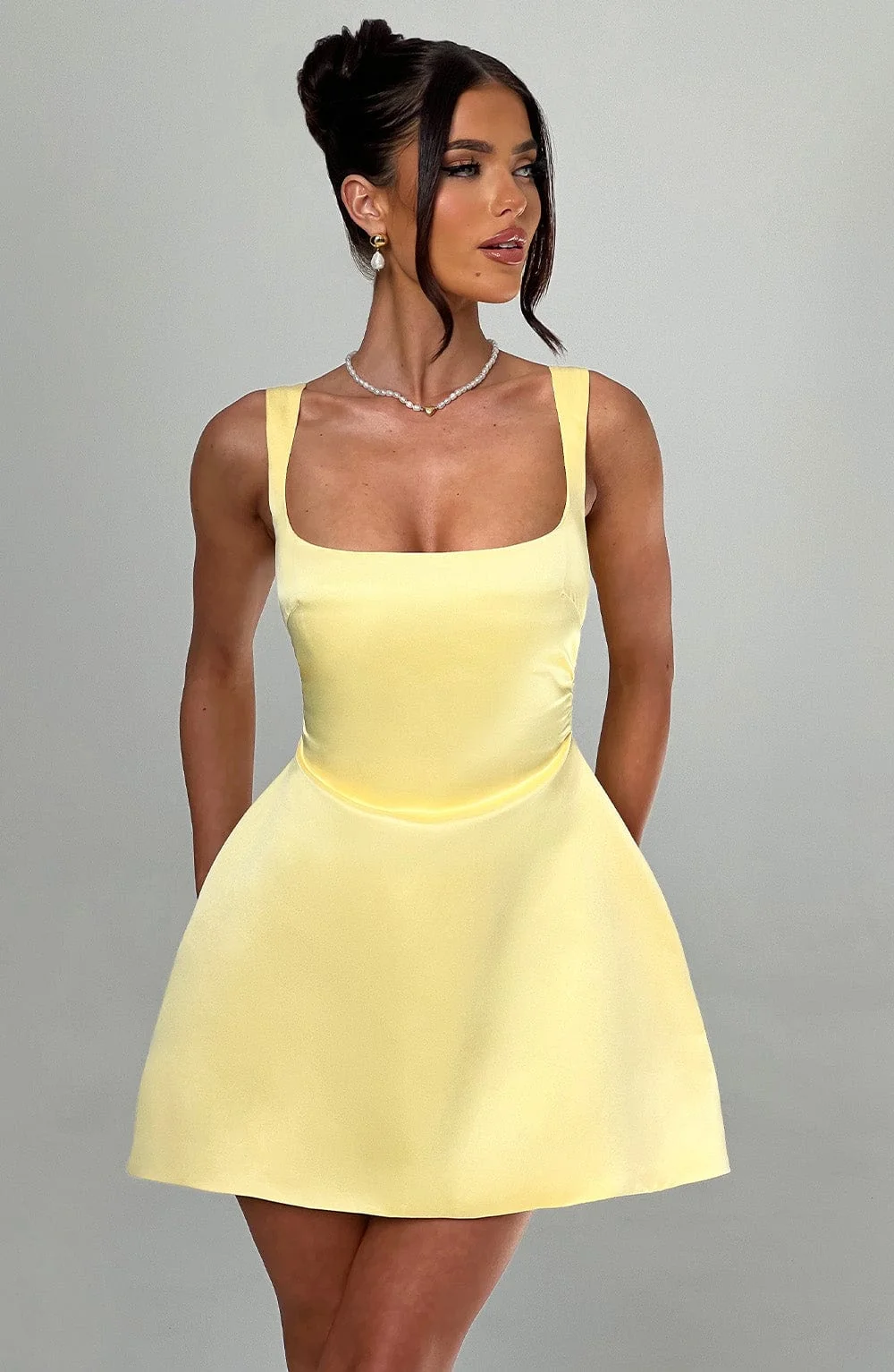 Lemon Square Neck Mini Dress in Premium Satin Fabric