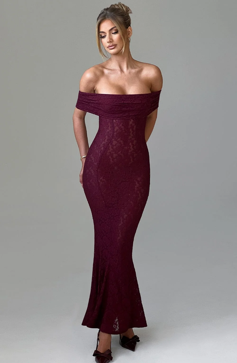 Burgundy Lace Maxi Dress with Bardot Neckline