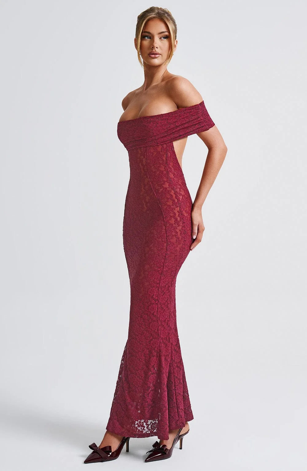 Burgundy Lace Maxi Dress with Bardot Neckline