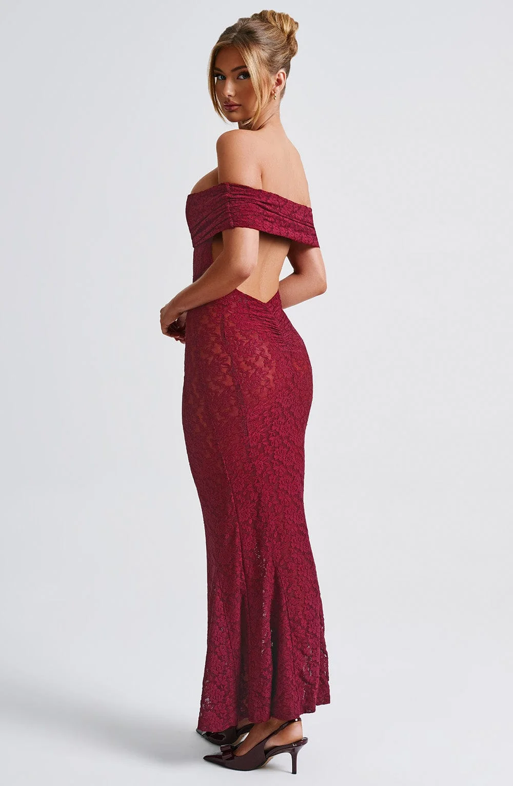 Burgundy Lace Maxi Dress with Bardot Neckline