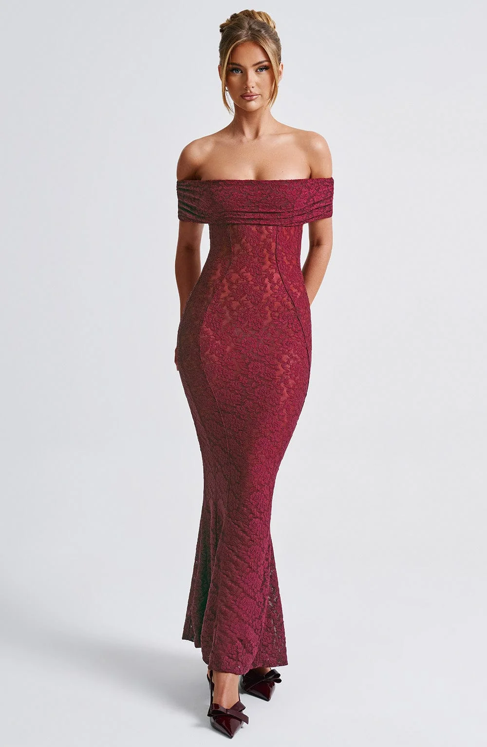 Burgundy Lace Maxi Dress with Bardot Neckline