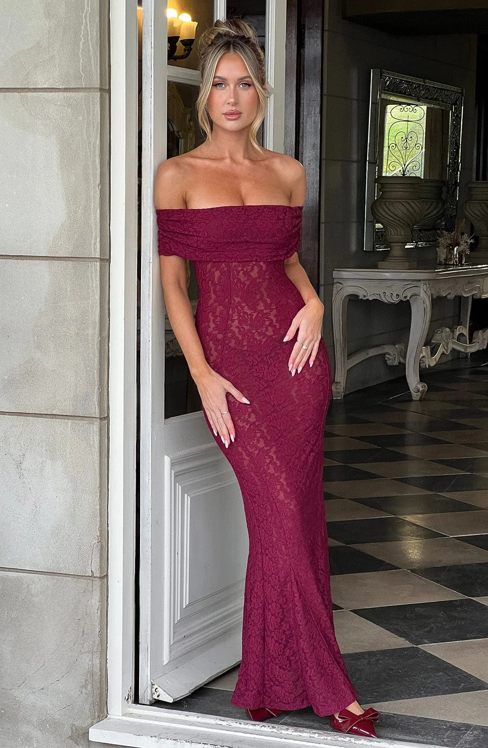 Burgundy Lace Maxi Dress with Bardot Neckline