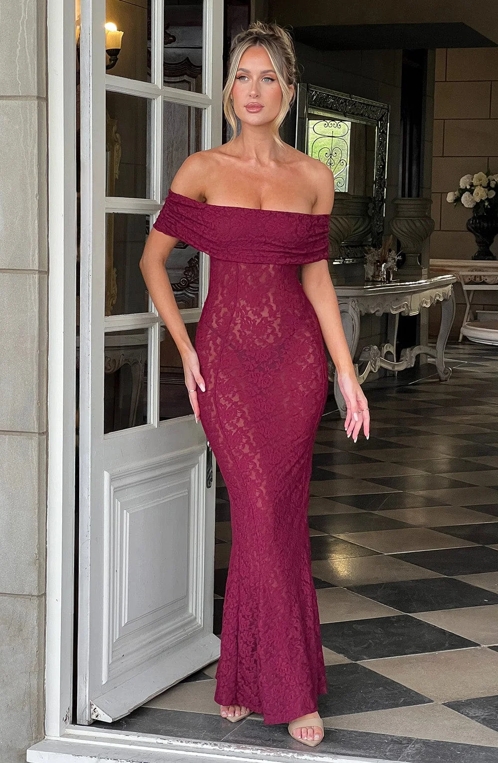 Burgundy Lace Maxi Dress with Bardot Neckline