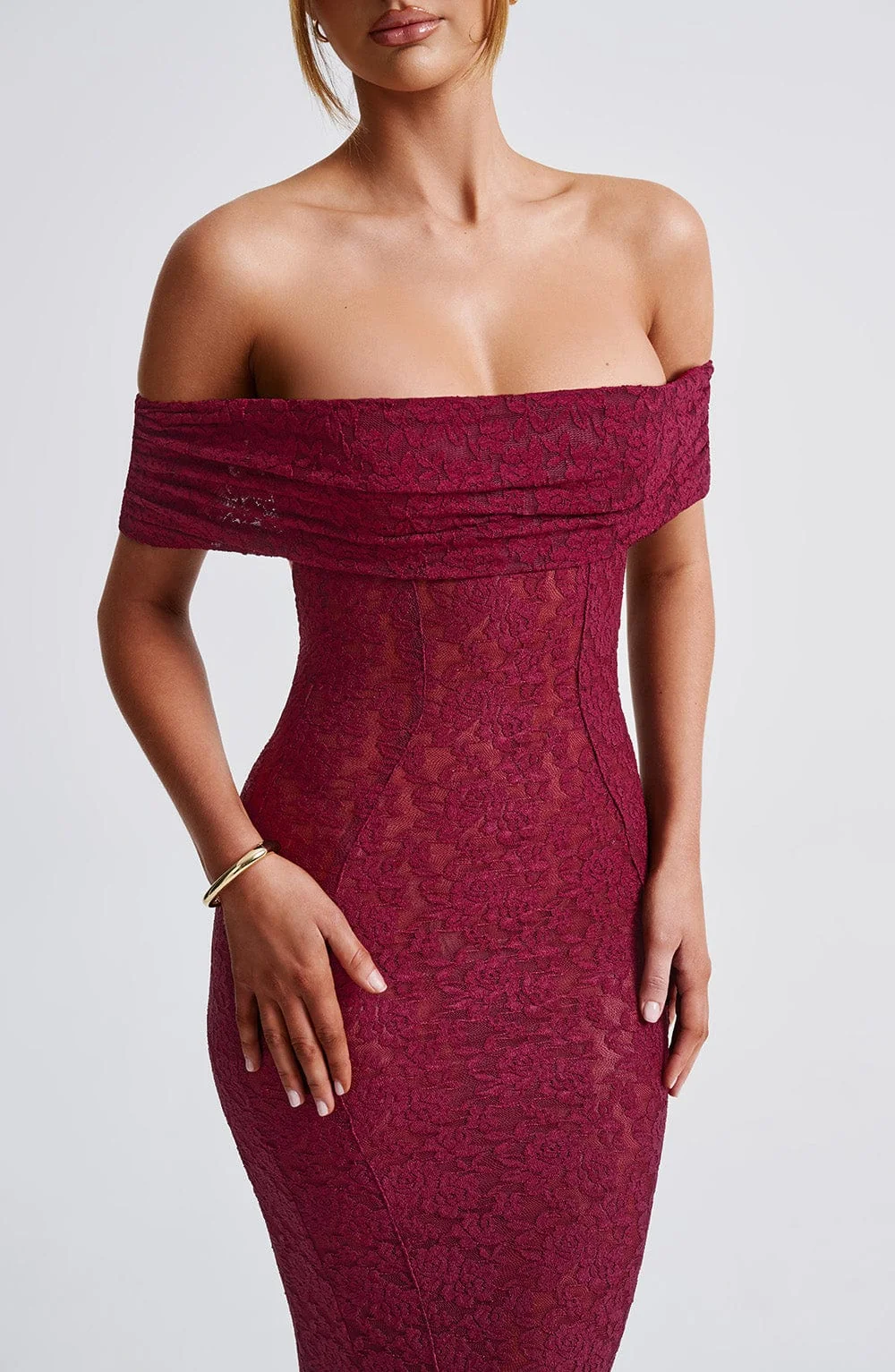 Burgundy Lace Maxi Dress with Bardot Neckline