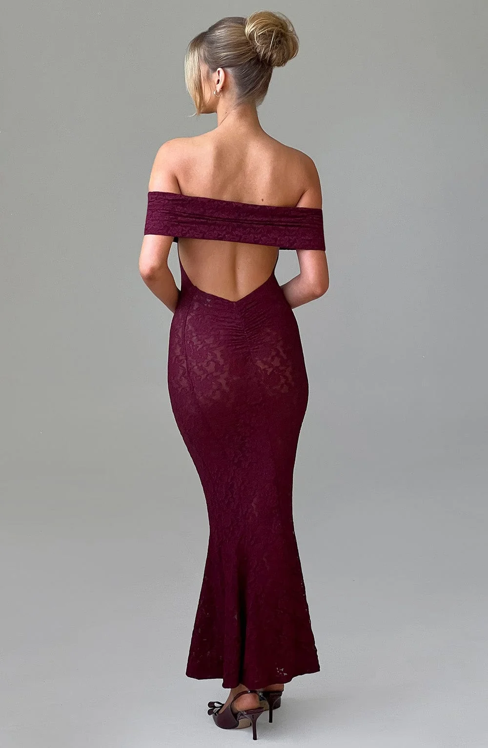 Burgundy Lace Maxi Dress with Bardot Neckline