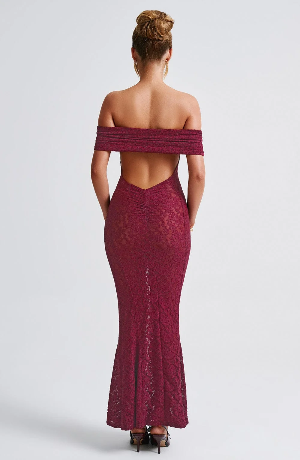 Burgundy Lace Maxi Dress with Bardot Neckline