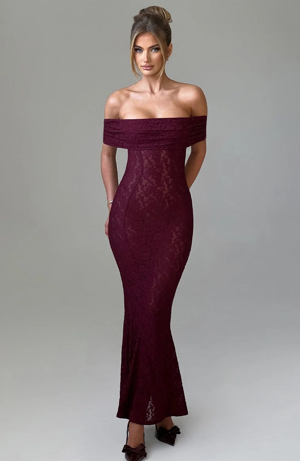 Burgundy Lace Maxi Dress with Bardot Neckline