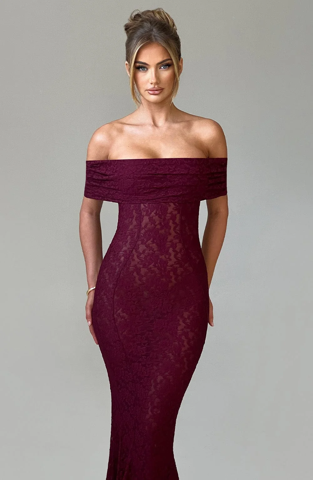 Burgundy Lace Maxi Dress with Bardot Neckline