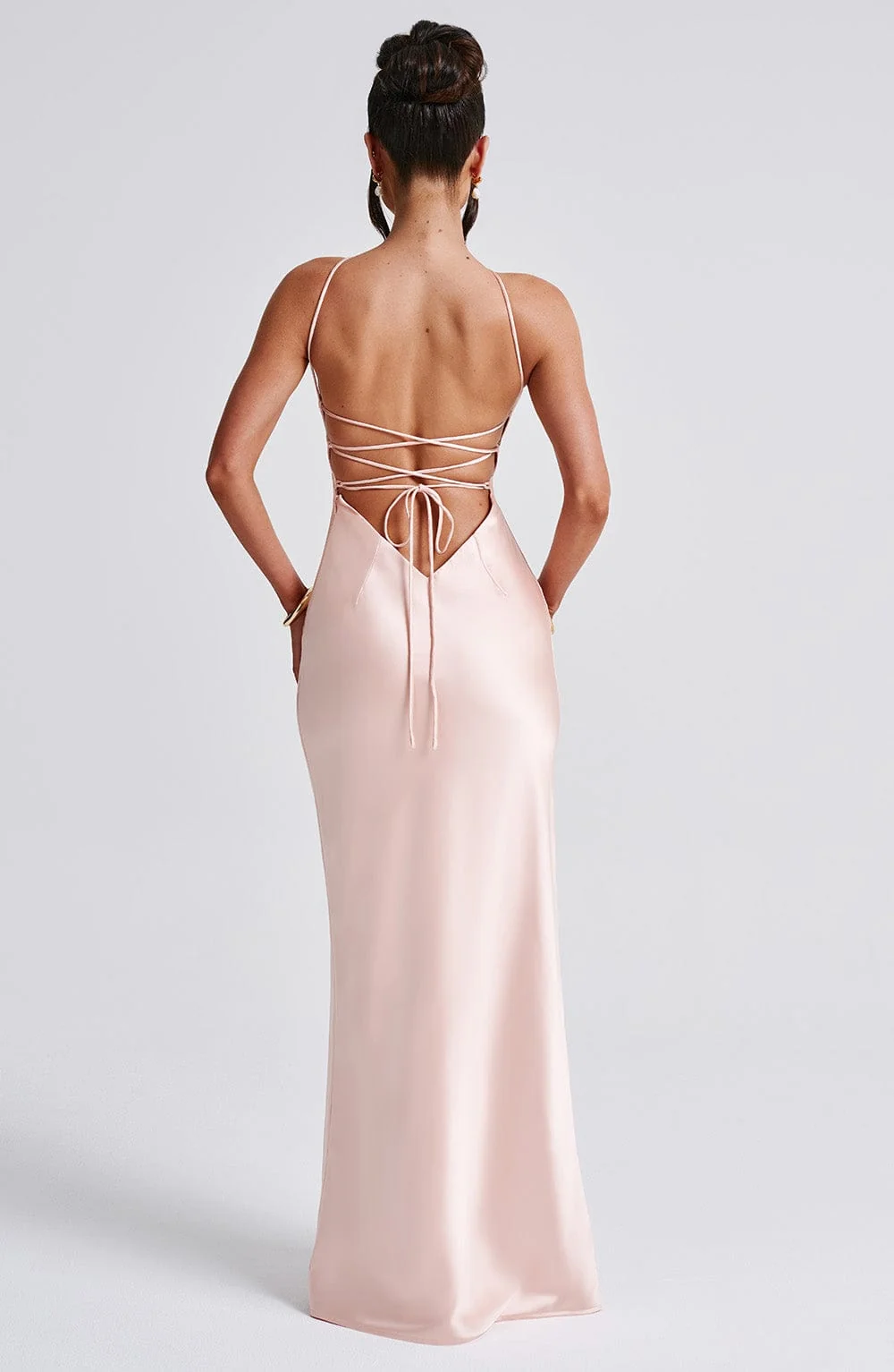 Peach Satin Maxi Dress - Elegant V-Back Tie Detail