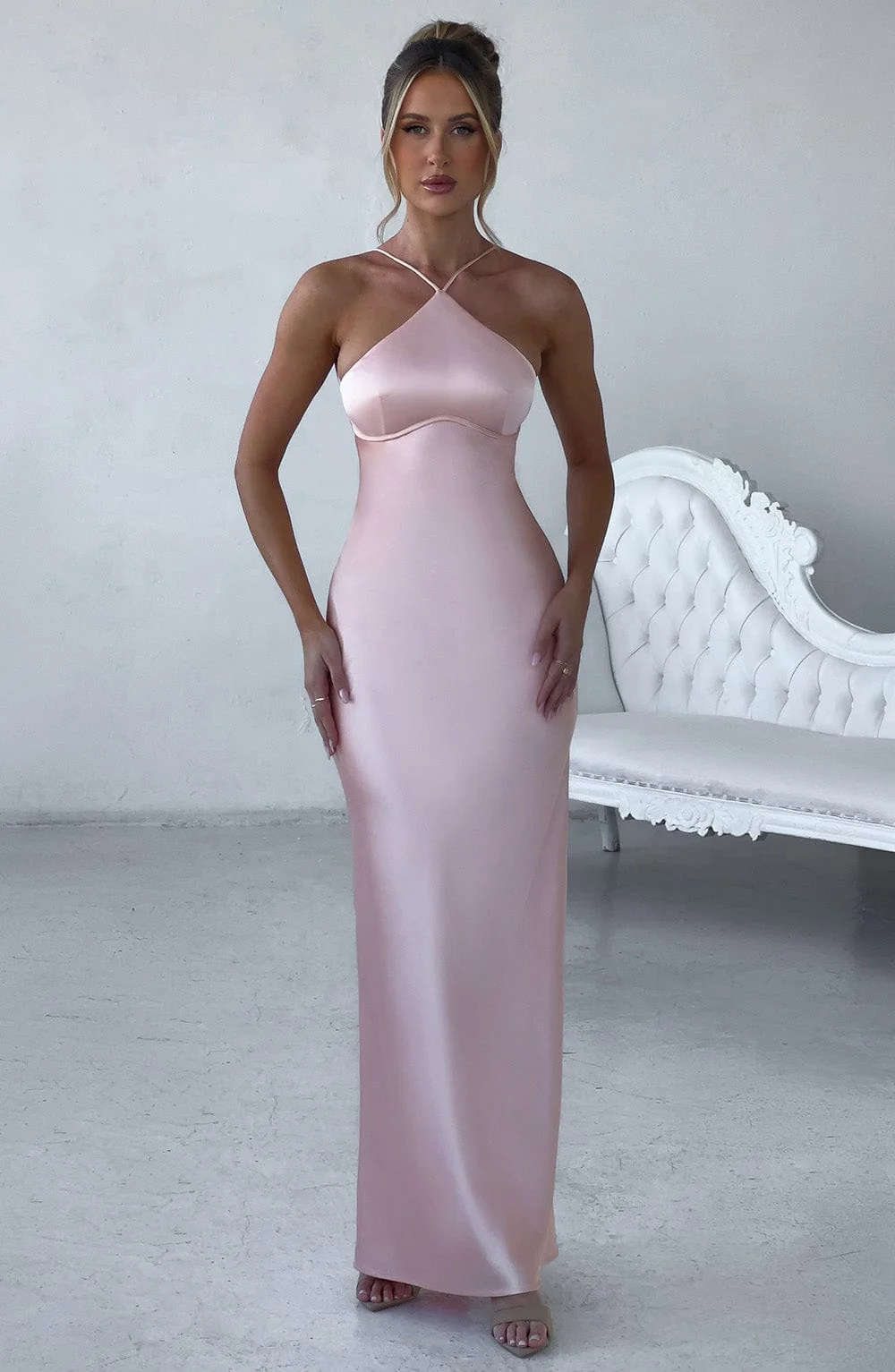 Peach Satin Maxi Dress - Elegant V-Back Tie Detail