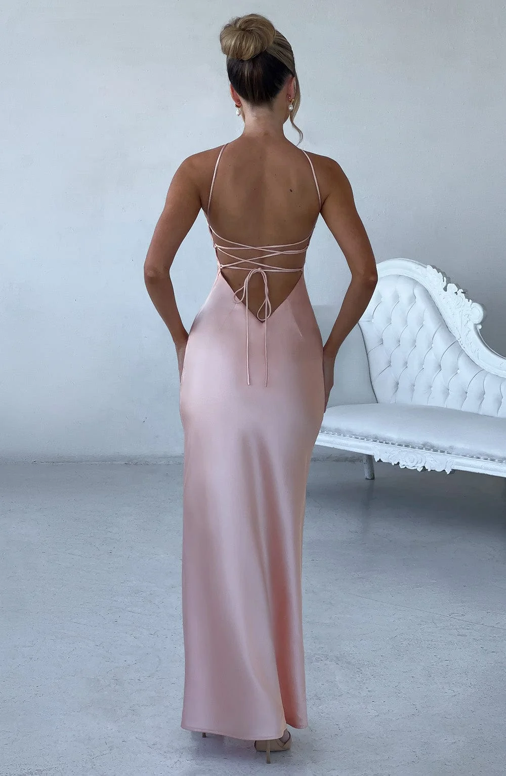 Peach Satin Maxi Dress - Elegant V-Back Tie Detail
