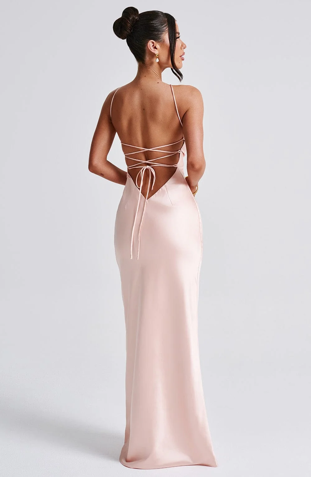 Peach Satin Maxi Dress - Elegant V-Back Tie Detail