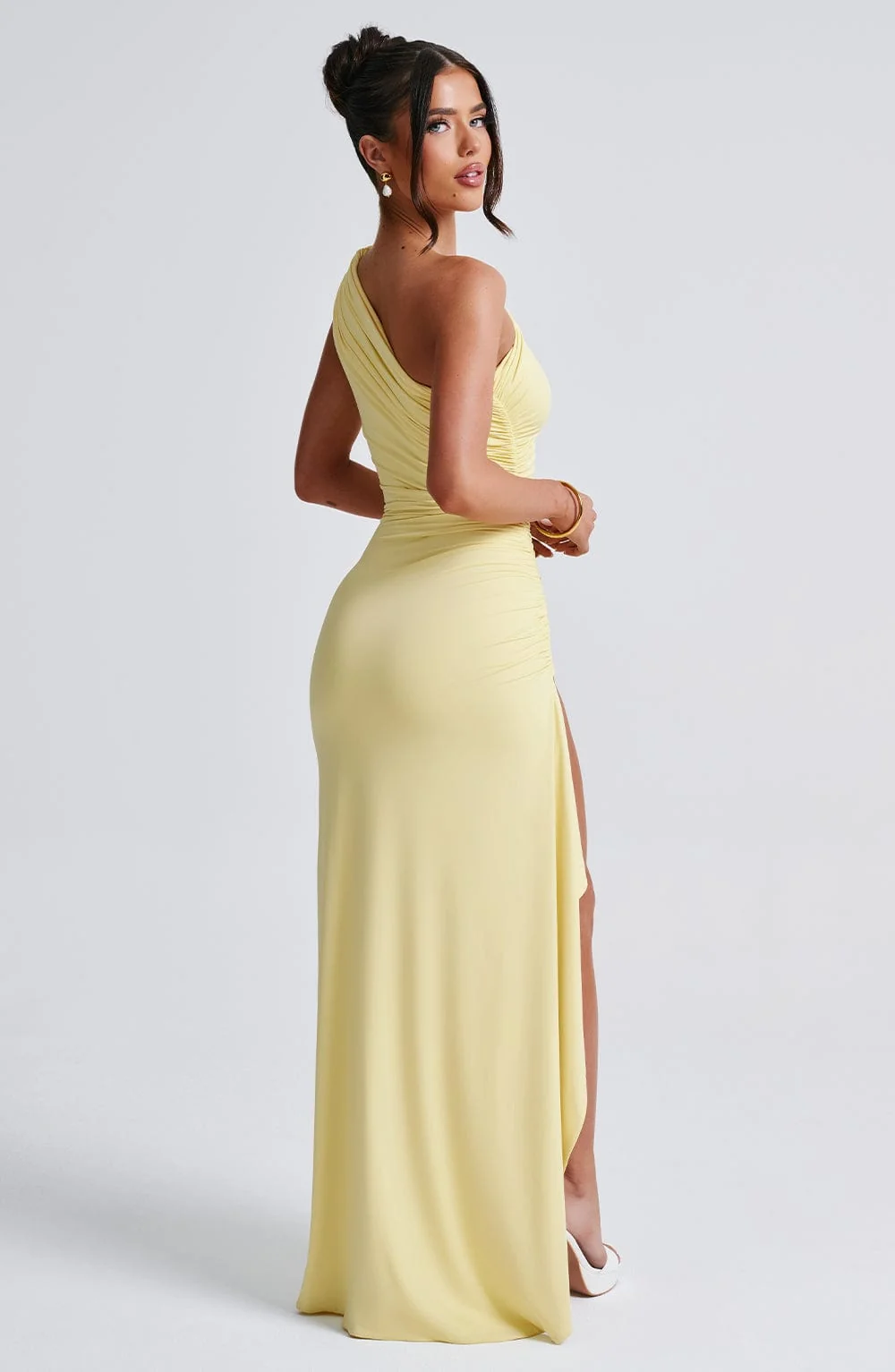 Lemon Slinky Maxi Dress - Elegant Asymmetric One-Shoulder Design