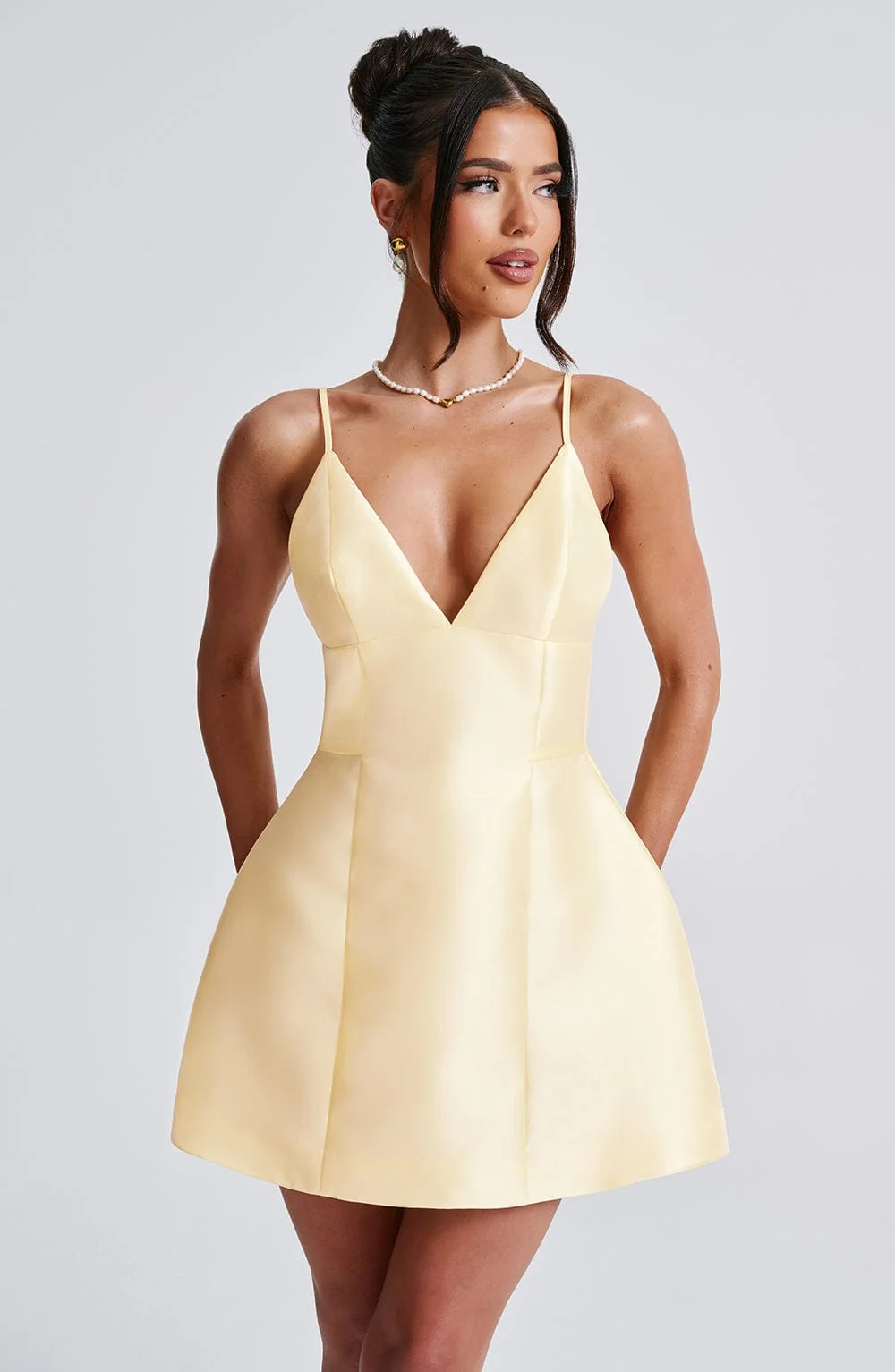 Lemon Bubblehem Satin Mini Dress