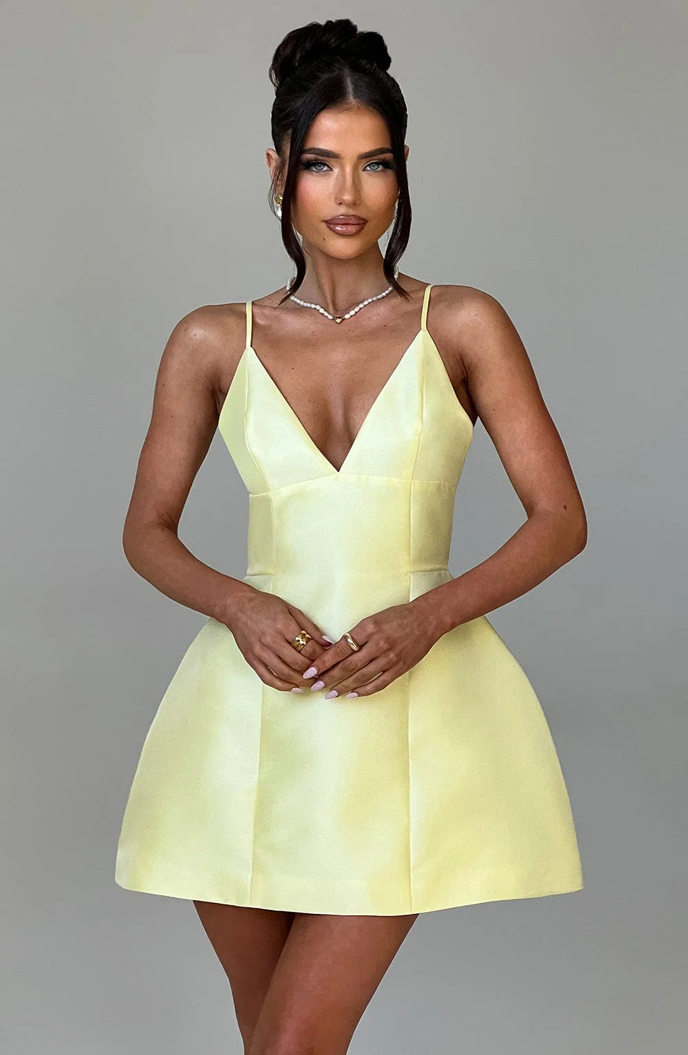 Lemon Bubblehem Satin Mini Dress