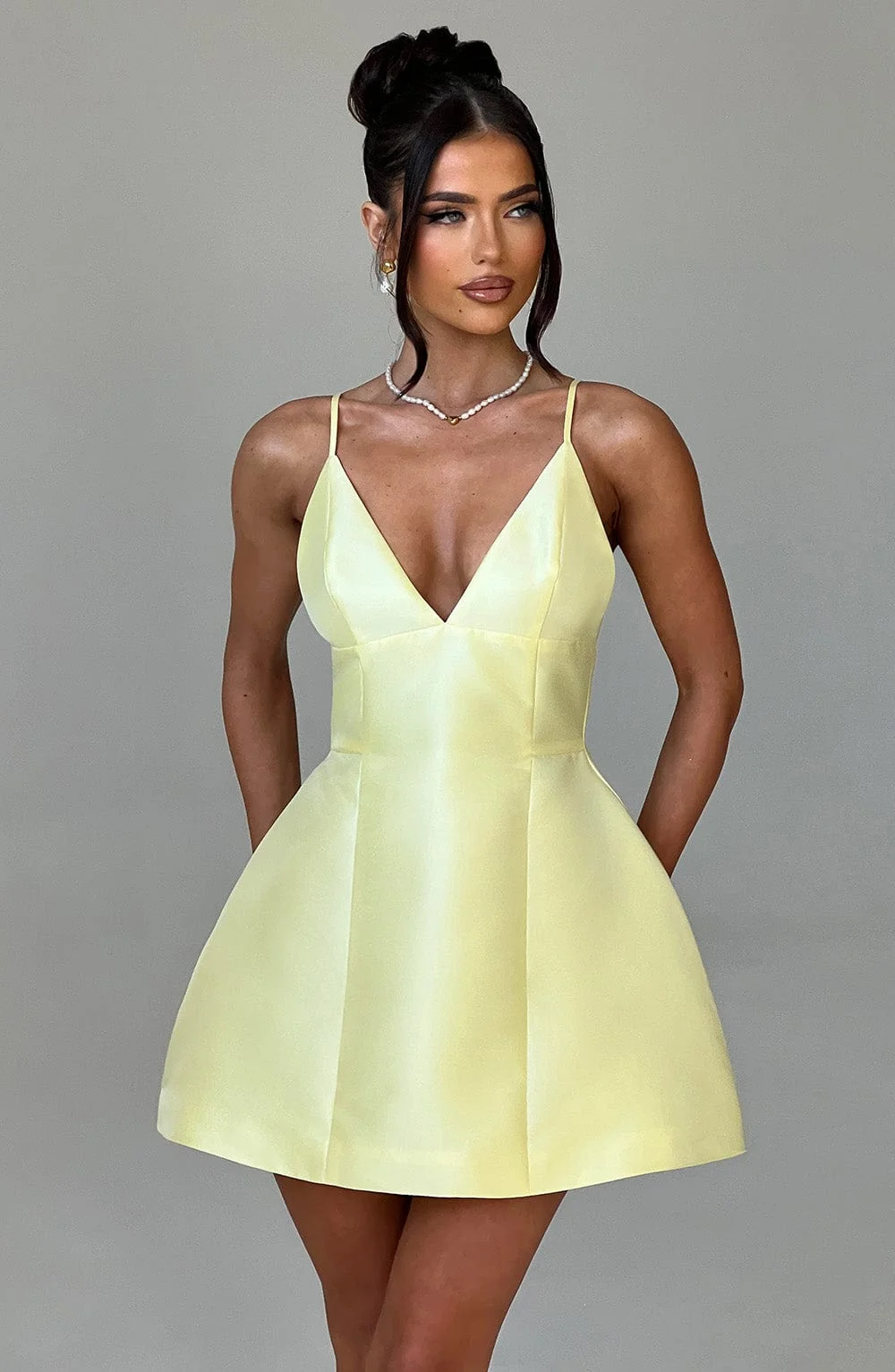 Lemon Bubblehem Satin Mini Dress