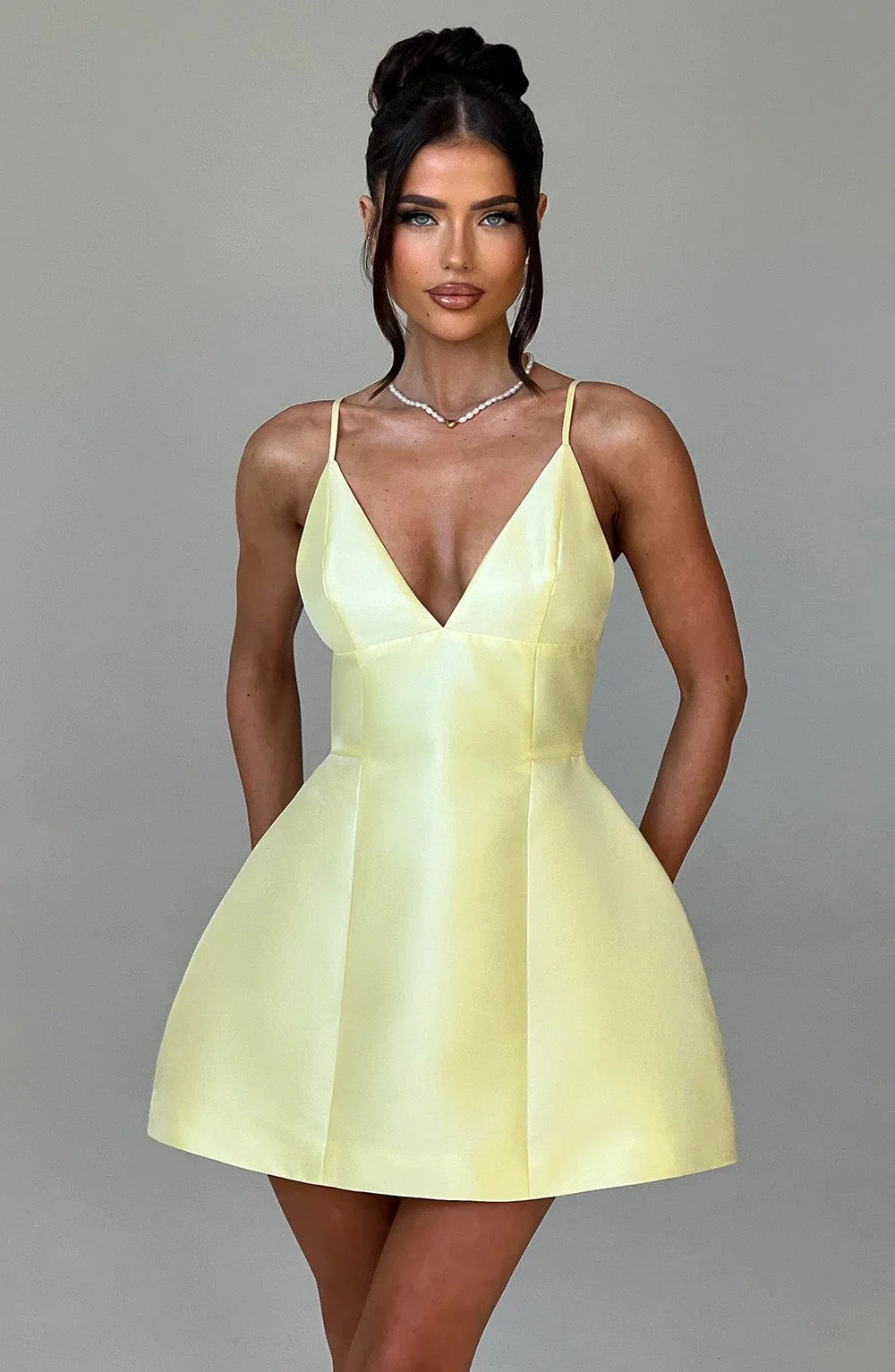 Lemon Bubblehem Satin Mini Dress