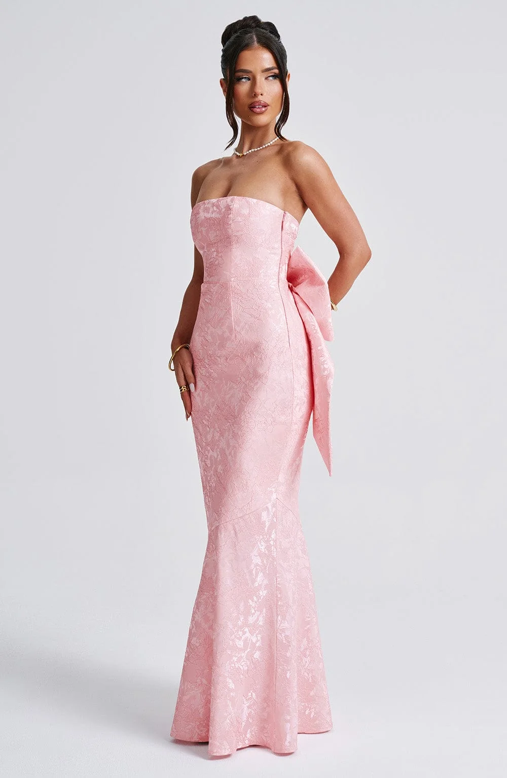Blush Floral Jacquard Strapless Maxi Dress with Bow Detail